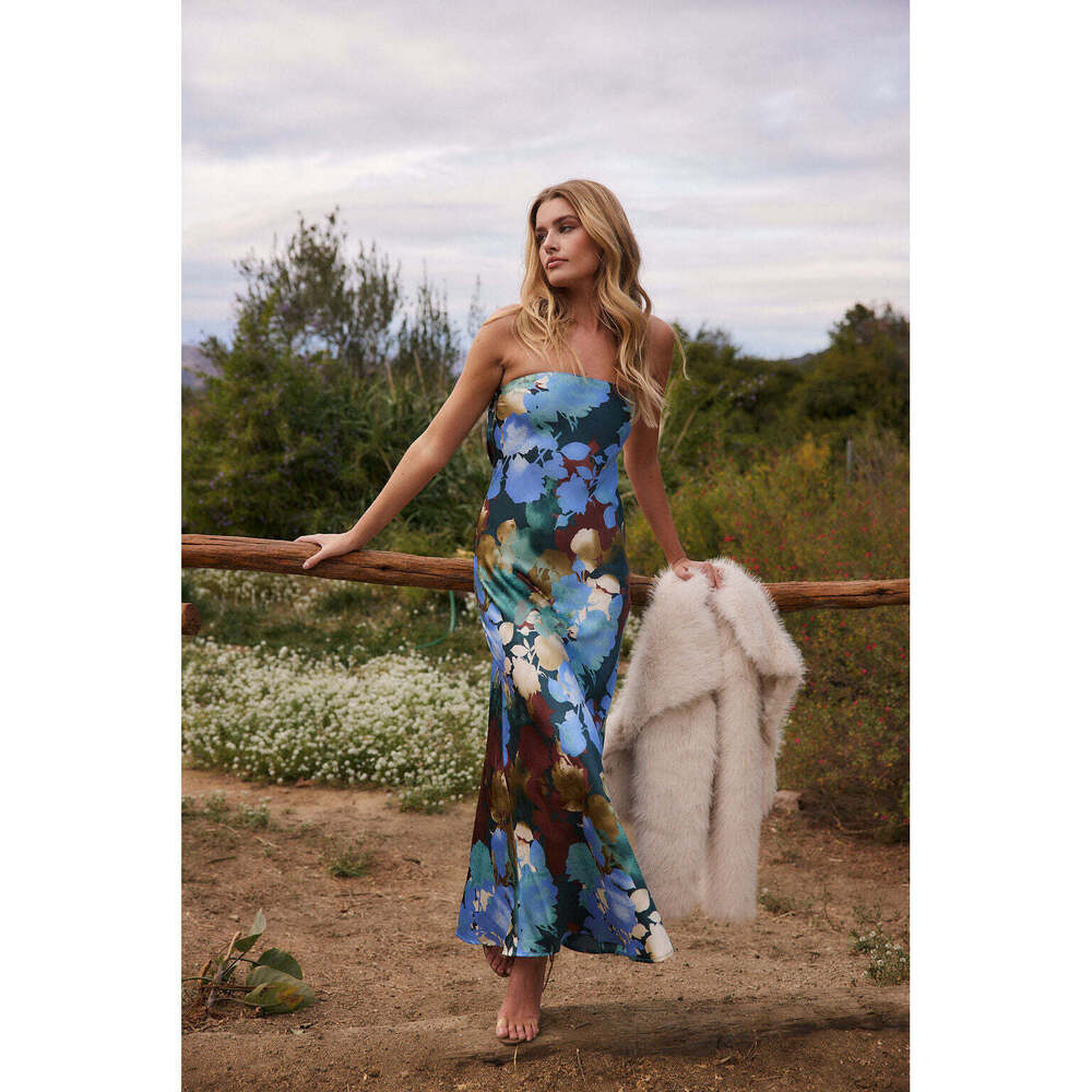 12th Tribe Natalia Blue Floral Printed Strapless Maxi Dress Size XS